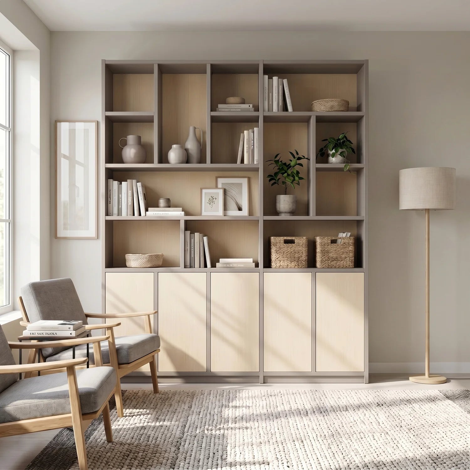 Scandinavian Lundia Libre wall cabinet in stone grey and clear varnished, sfeerbeeld perspectief