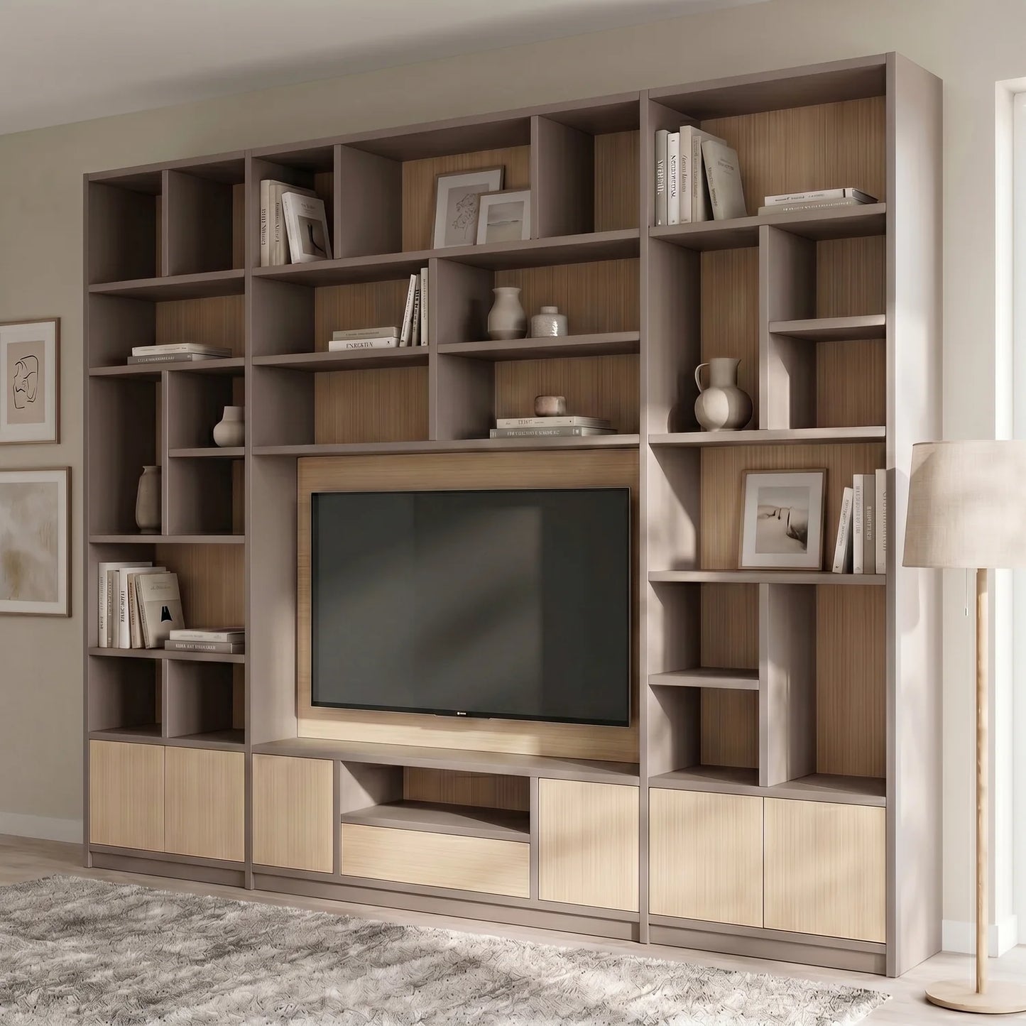 Meuble TV mural Lundia Libre scandinave en gris pierre et vernis transparent, sfeerbeeld vooraanzicht