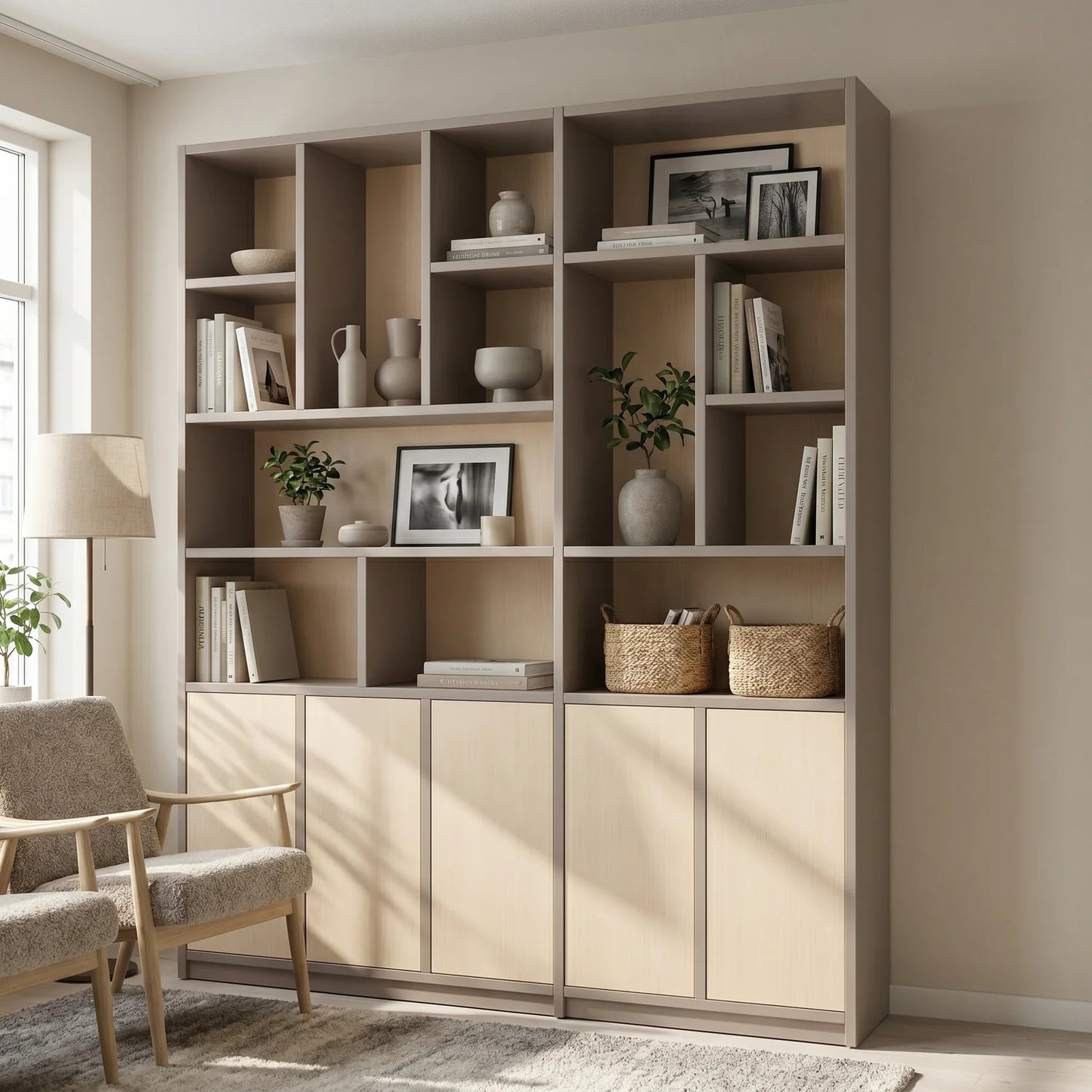 Scandinavian Lundia Libre wall cabinet in stone grey and clear varnished, sfeerbeeld vooraanzicht