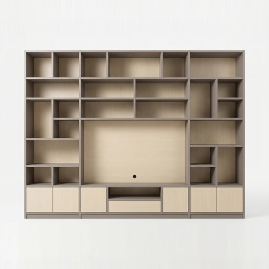 Meuble TV mural Lundia Libre scandinave en gris pierre et vernis transparent, vooraanzicht