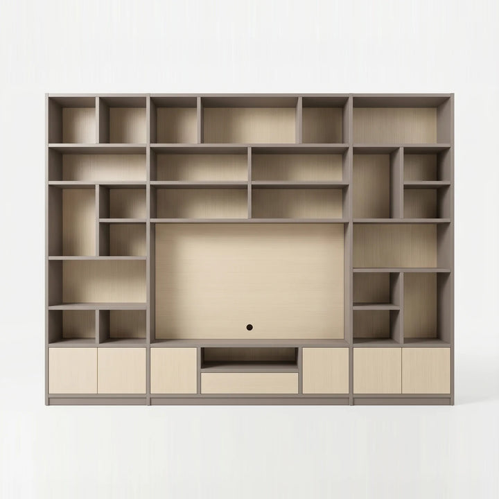 Scandinavian Lundia Libre TV wall cabinet in stone grey and clear varnished, vooraanzicht