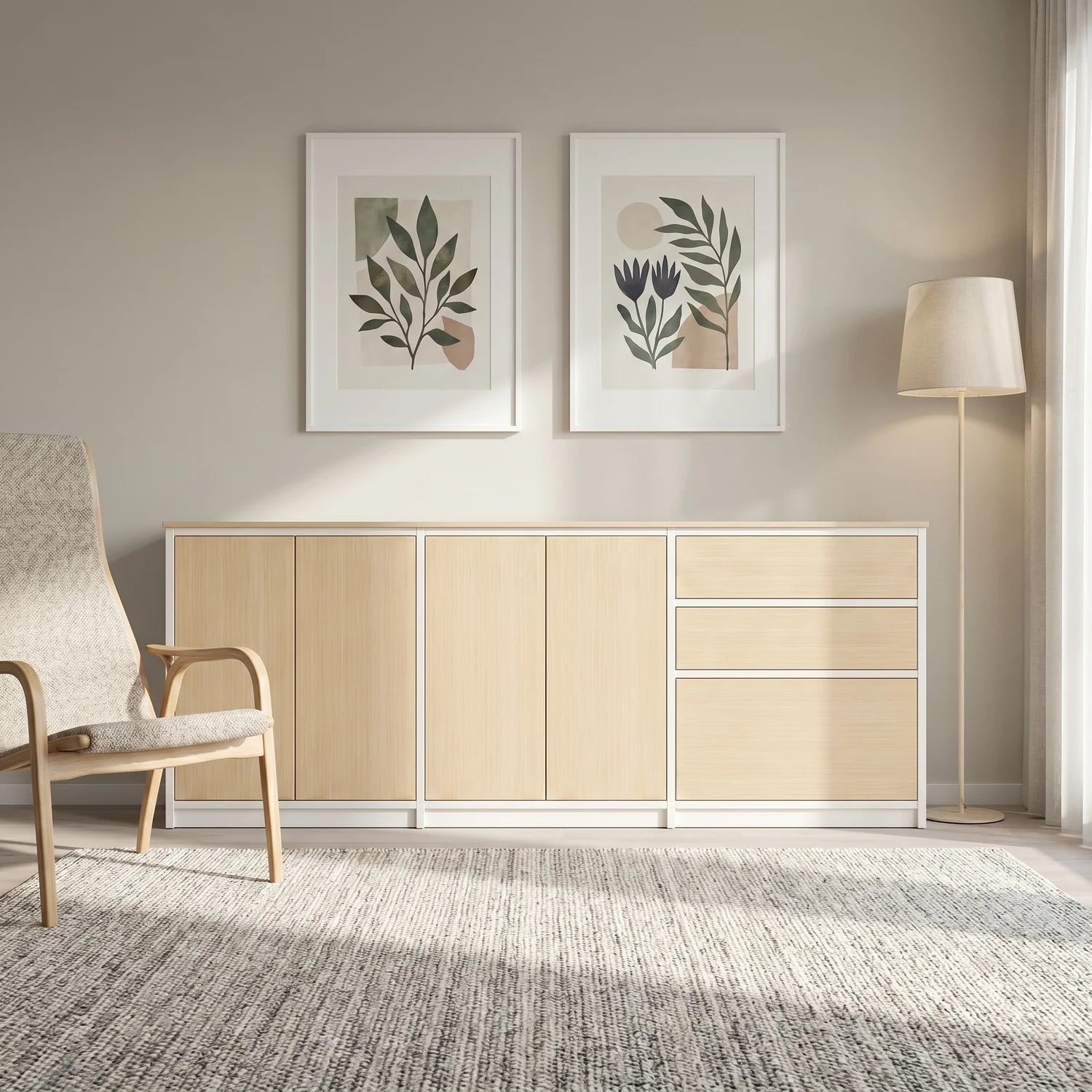Scandinavian Lundia Libre sideboard in white and clear varnished, sfeerbeeld perspectief