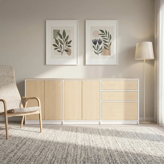 Scandinavian Lundia Libre sideboard in white and clear varnished, sfeerbeeld perspectief