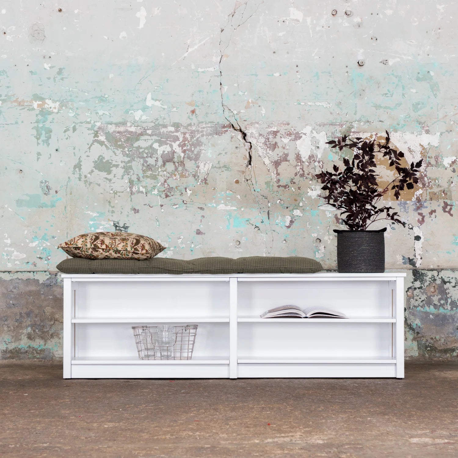 Lowboard TV unit | Lundia Original | Signal white solid wood styled with cushion and plant