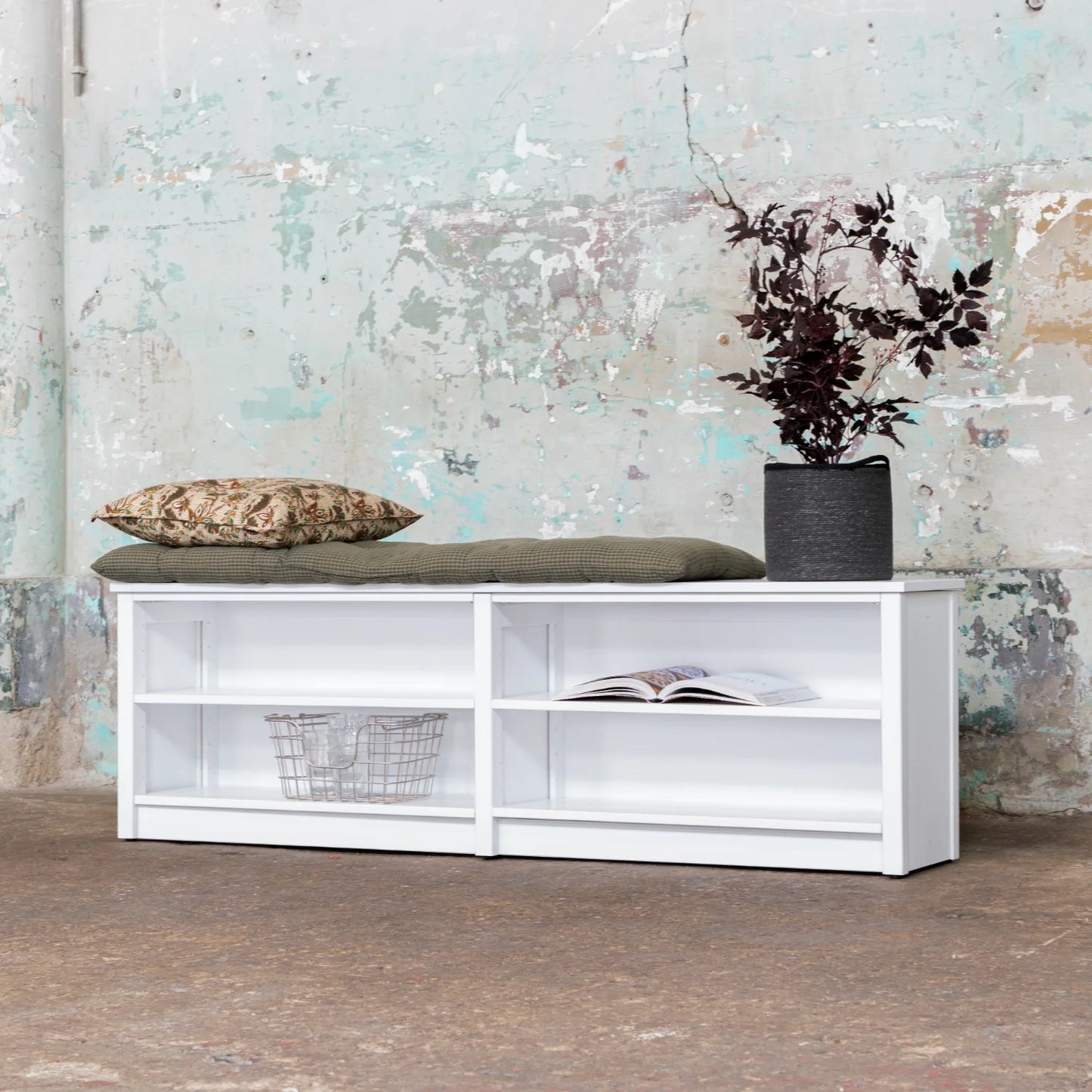 Lowboard TV unit | Lundia Original | Signal white solid wood with cushion, basket and plant