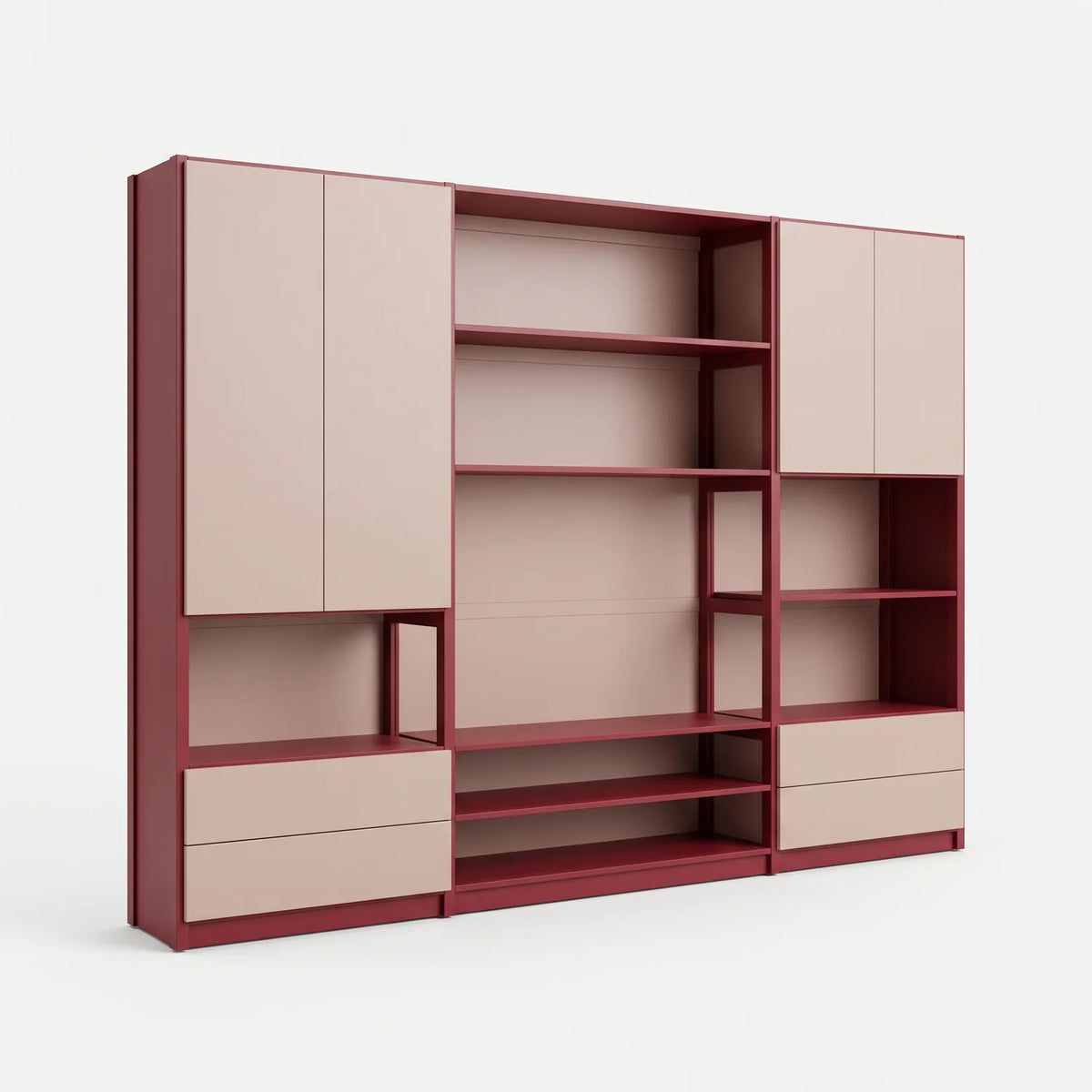 TV wall unit with doors and drawer | Lundia Original | Bordeaux red & chalk pink, perspectief