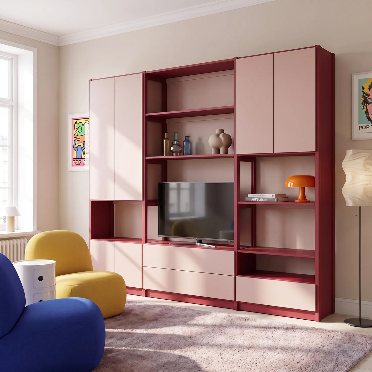 TV wall unit with doors and drawer | Lundia Original | Bordeaux red & chalk pink, sfeerbeeld perspectief