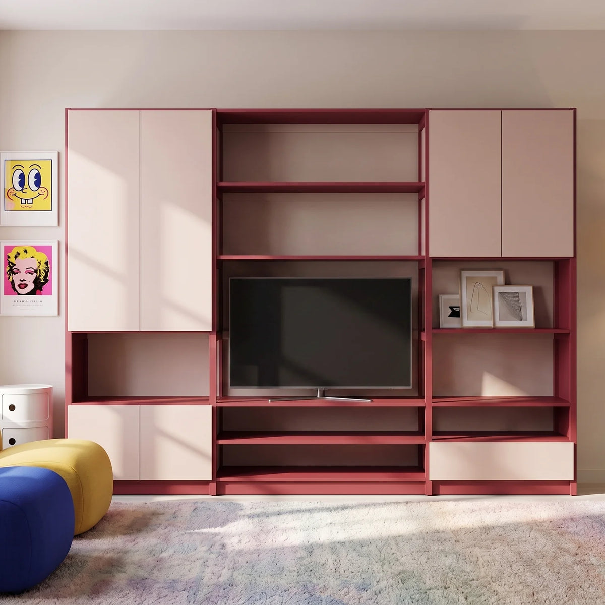 TV wall unit with doors and drawer | Lundia Original | Bordeaux red & chalk pink, sfeerbeeld vooraanzicht