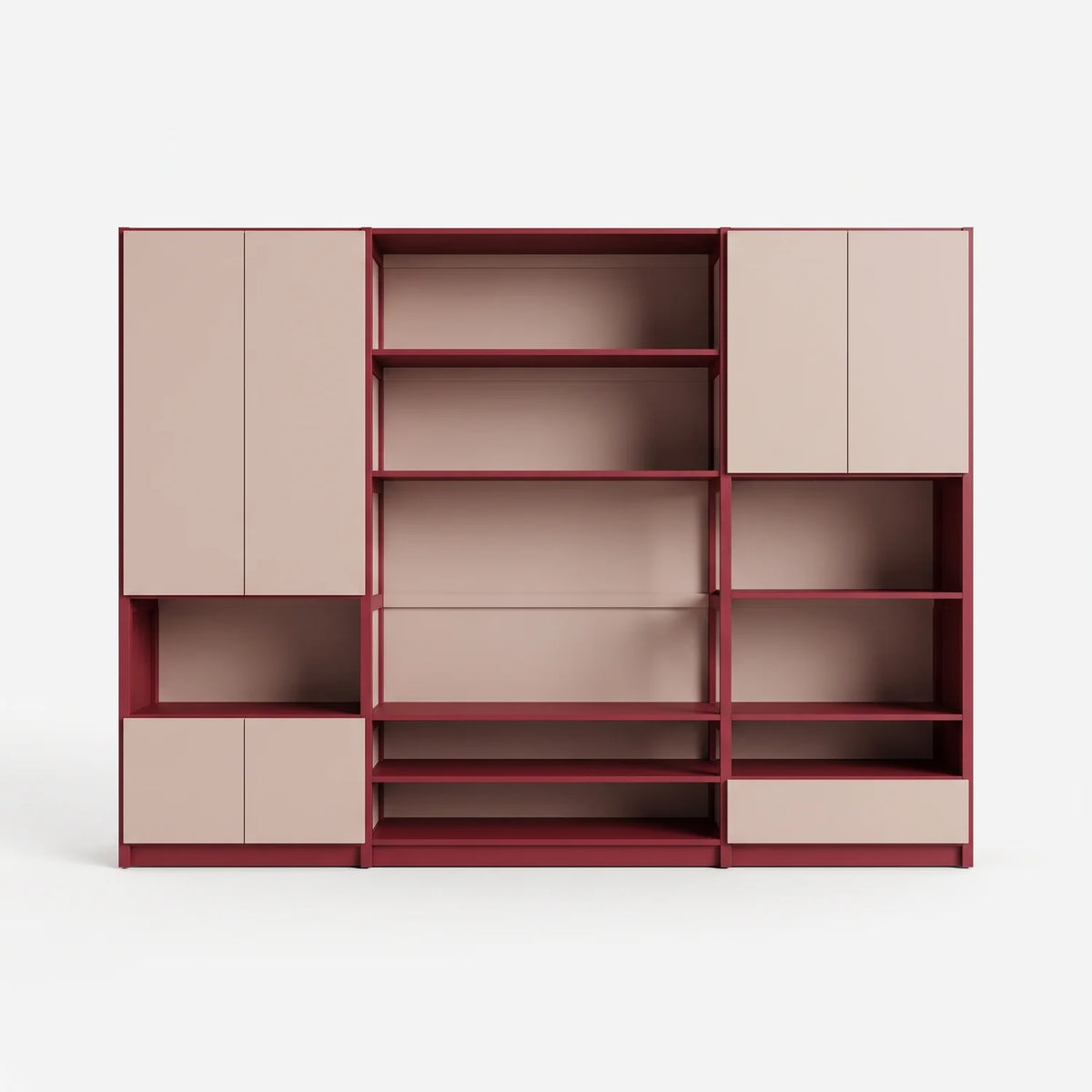 TV wall unit with doors and drawer | Lundia Original | Bordeaux red & chalk pink, vooraanzicht
