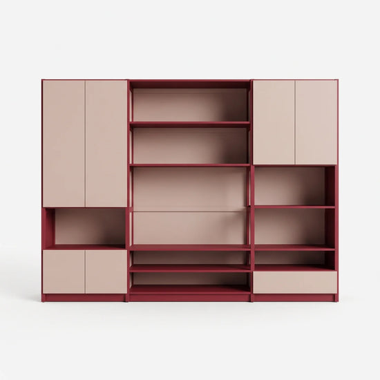 TV wall unit with doors and drawer | Lundia Original | Bordeaux red & chalk pink, vooraanzicht