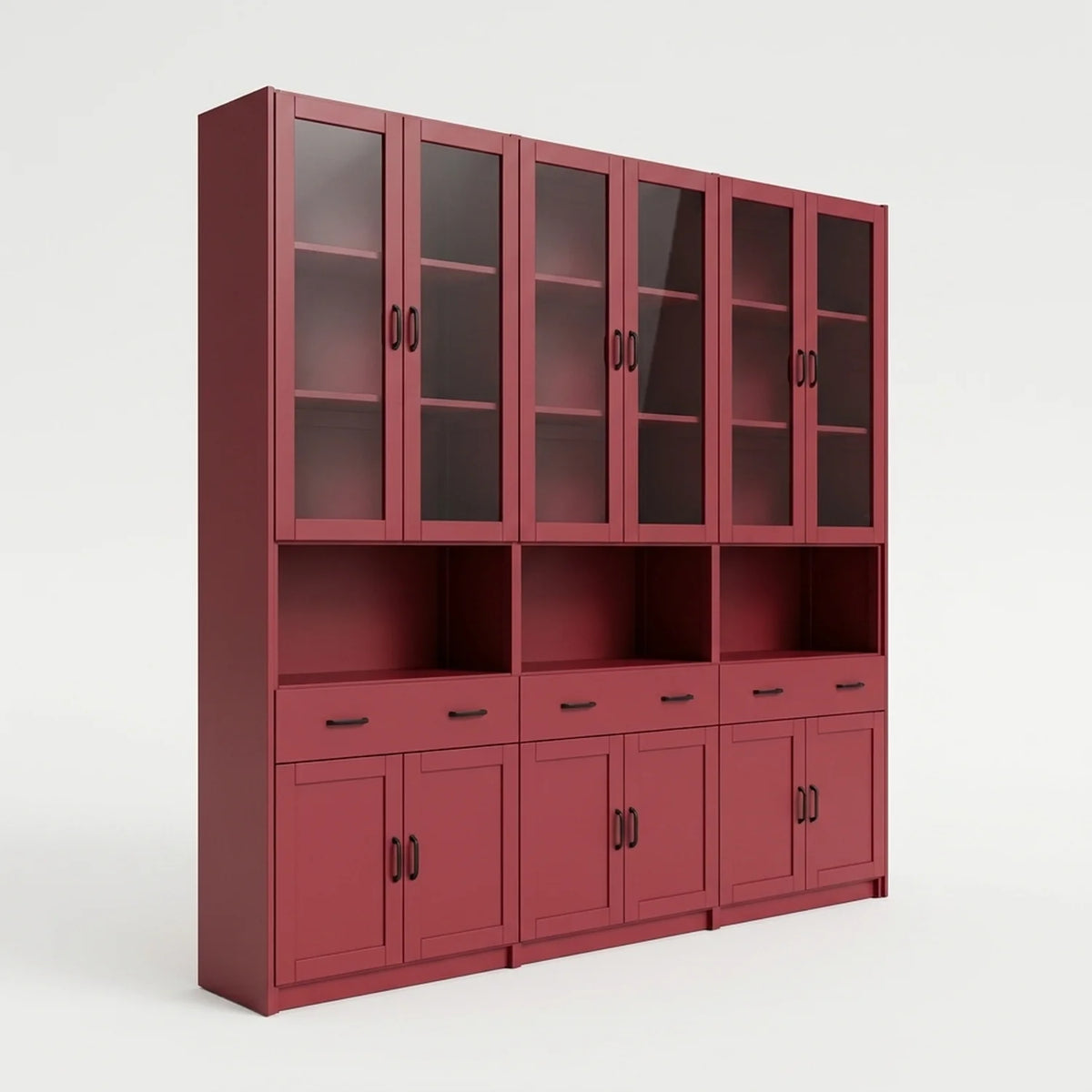 Vitrinekast met glasdeuren, lades en deuren | Lundia Original | Bordeaux red, perspectief