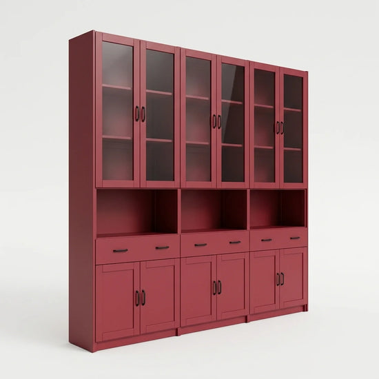 Vitrinekast met glasdeuren, lades en deuren | Lundia Original | Bordeaux red, perspectief