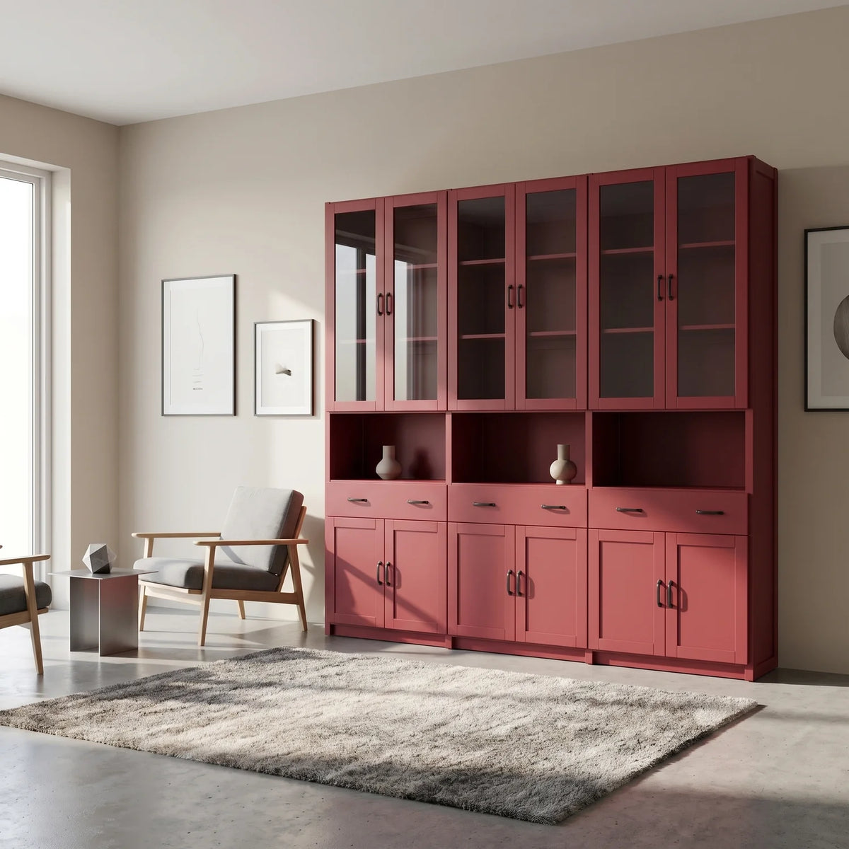 Vitrinekast met glasdeuren, lades en deuren | Lundia Original | Bordeaux red, sfeerbeeld perspectief