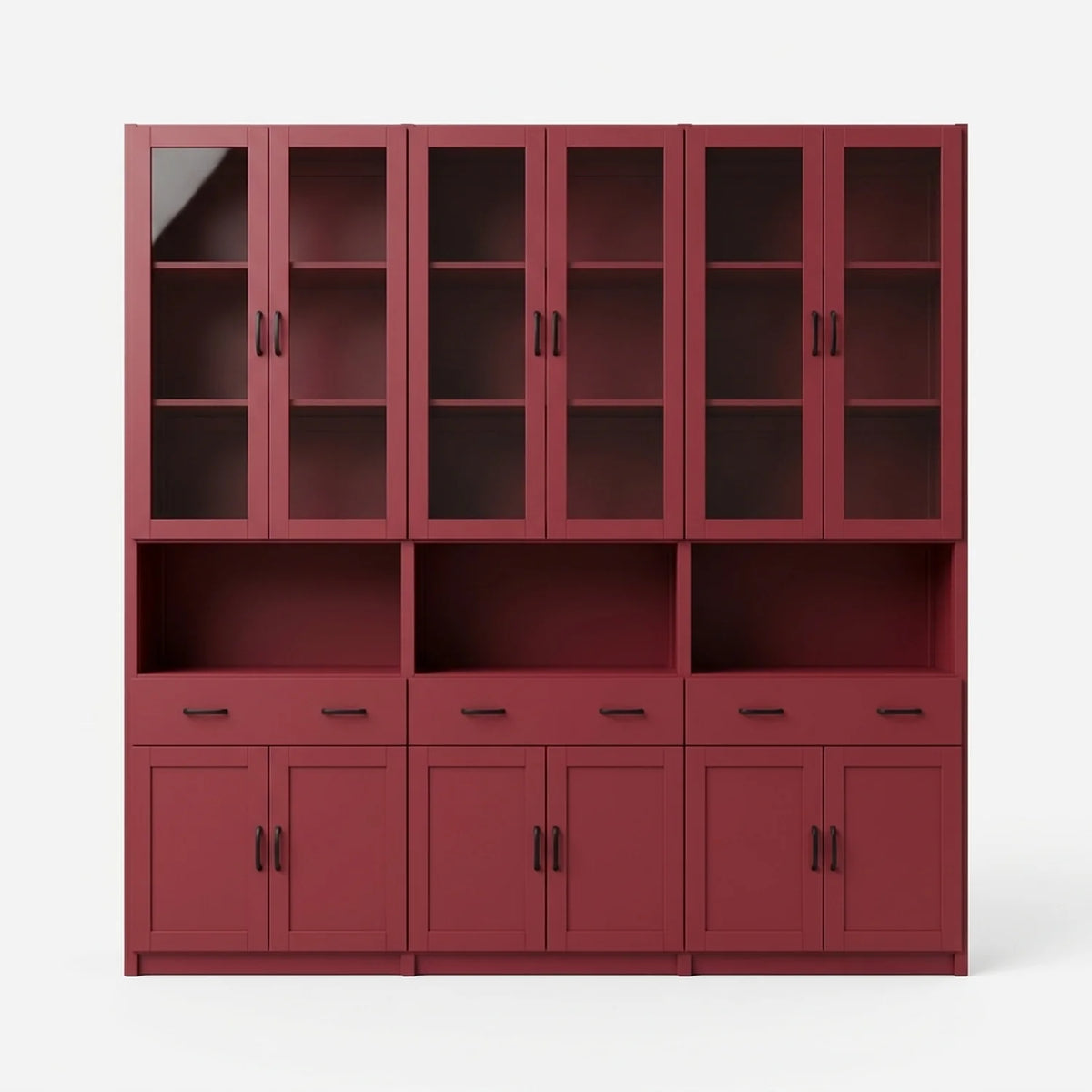 Vitrinekast met glasdeuren, lades en deuren | Lundia Original | Bordeaux red, vooraanzicht