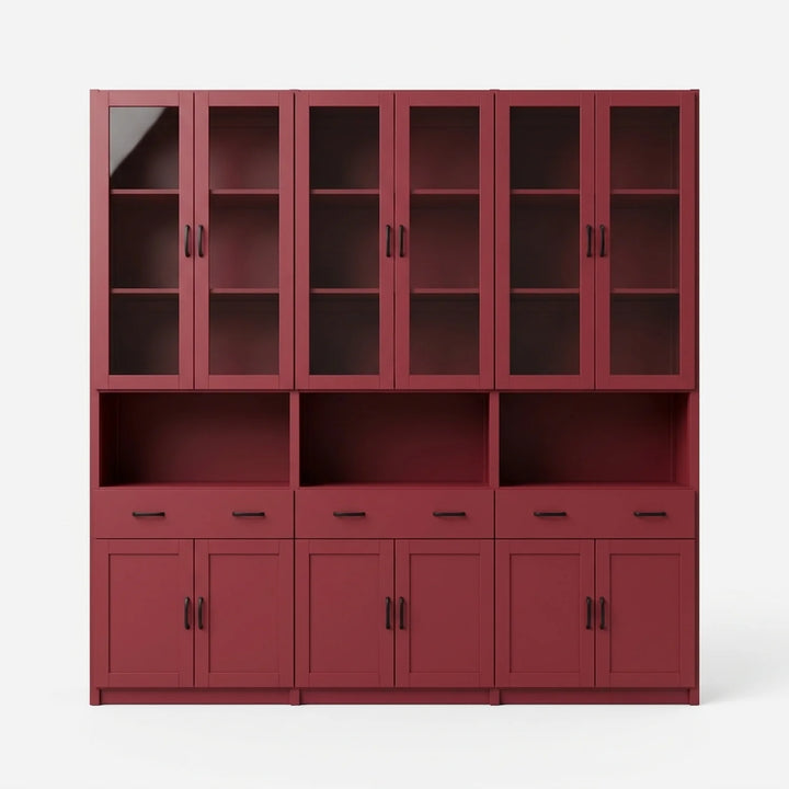Display cabinet with glass doors, drawers and doors | Lundia Original | Bordeaux red, vooraanzicht