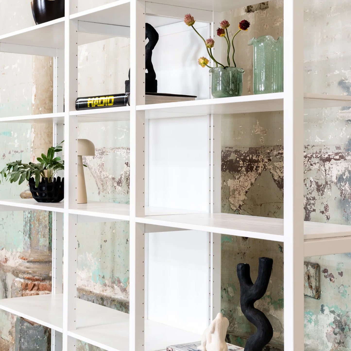 Wall cabinet | Lundia Original | Signal white solid wood with vases and plants, side view