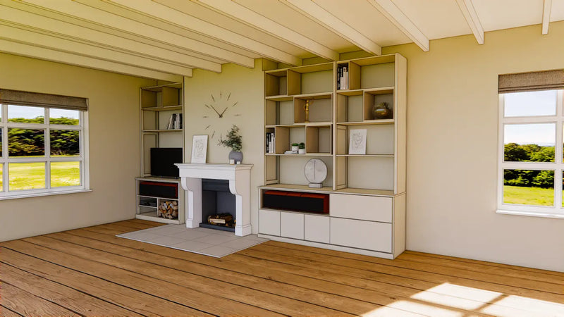 Ruime woonkamer met licht houten vloer, open wandkasten, schoorsteenmantel en veel natuurlijk daglicht door ramen