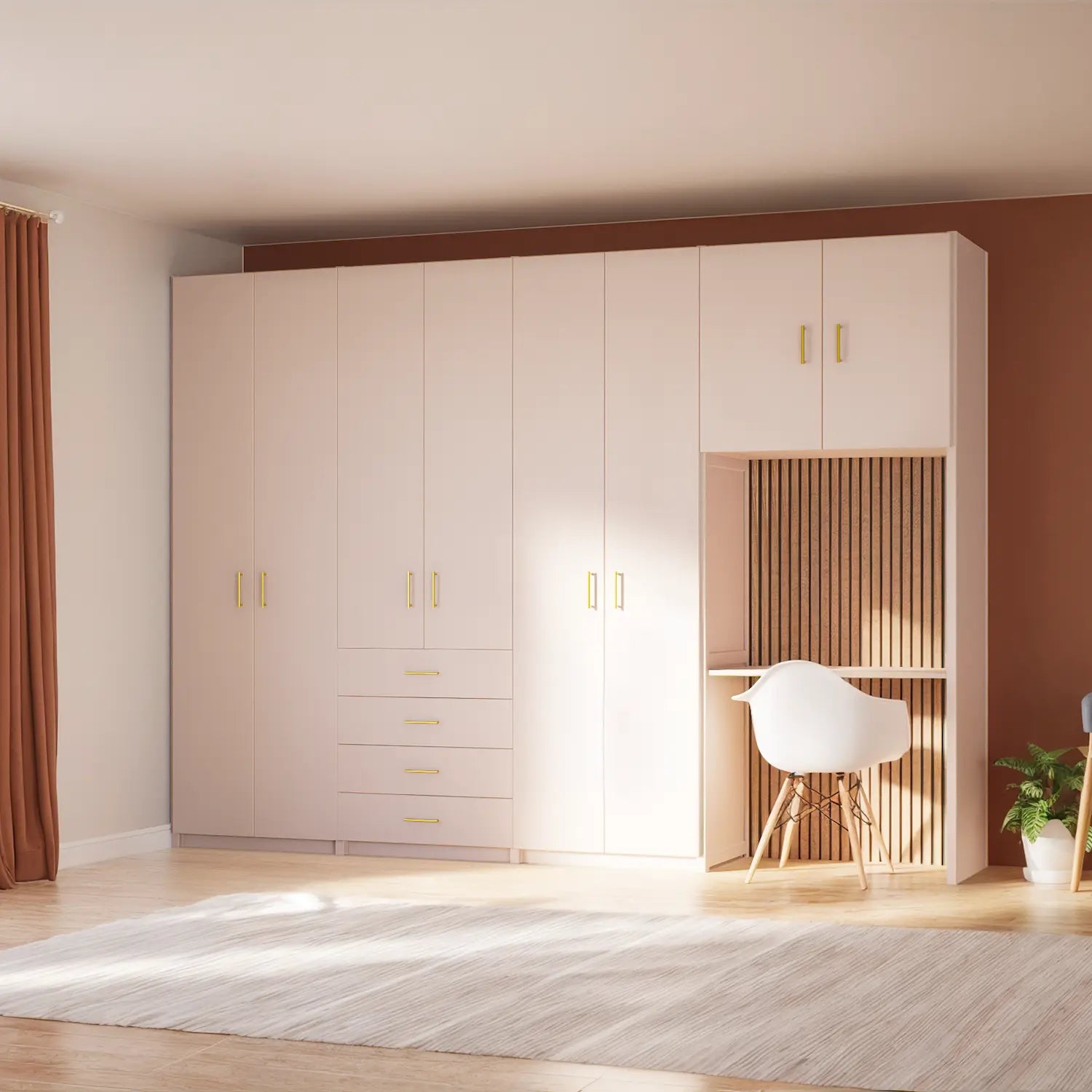 Kledingkast met bureau en lattenwanden | Lundia Original | Kalkroze massief hout, vooraanzicht in slaapkamer