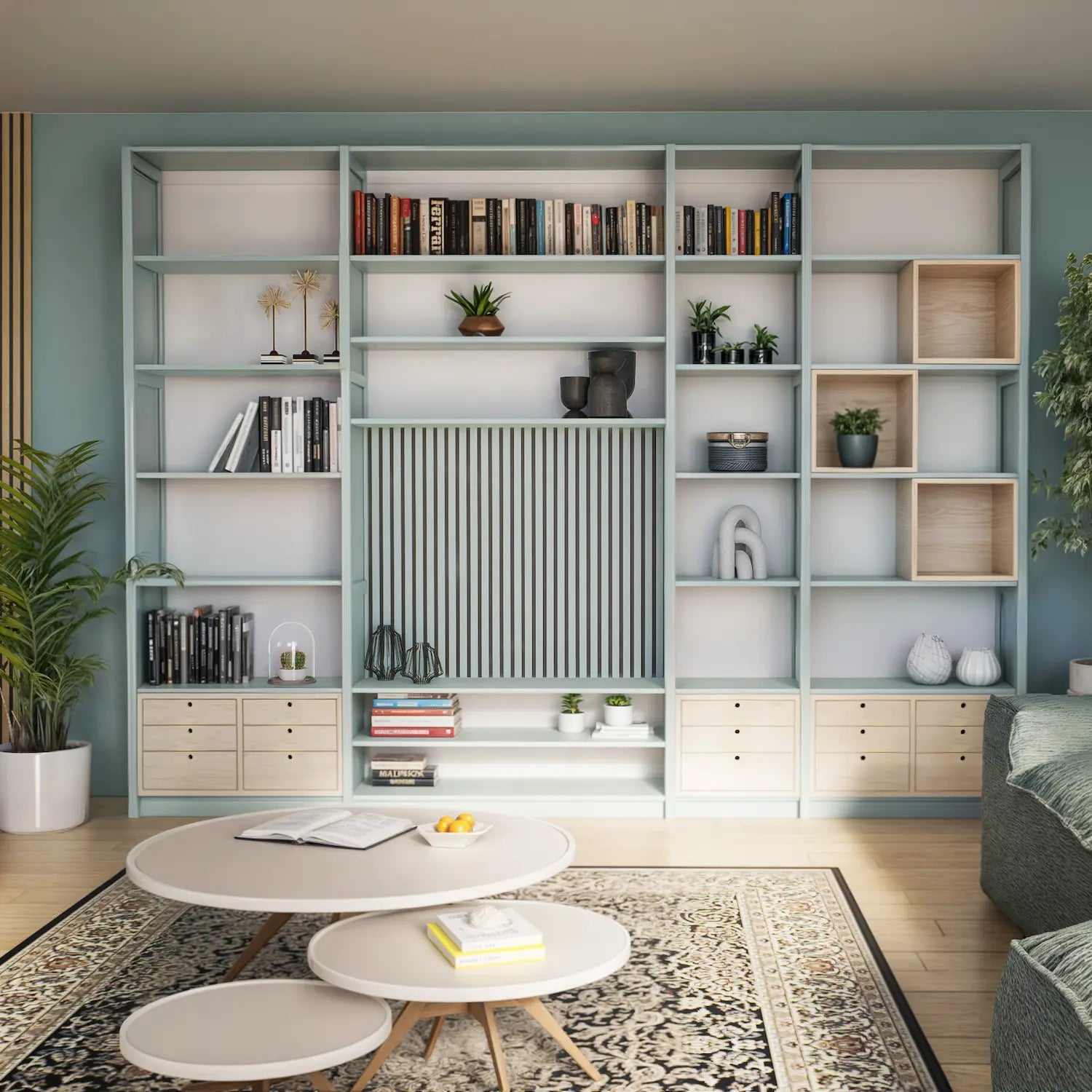 TV wandkast | Lundia Original | Nevelgrijs massief hout, met lattenwand en inzetboxen in woonkamer