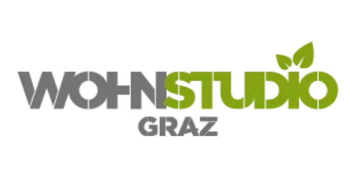 Logo met donkergrijze tekst woon en groene tekst studio met bladeren boven de O op witte achtergrond